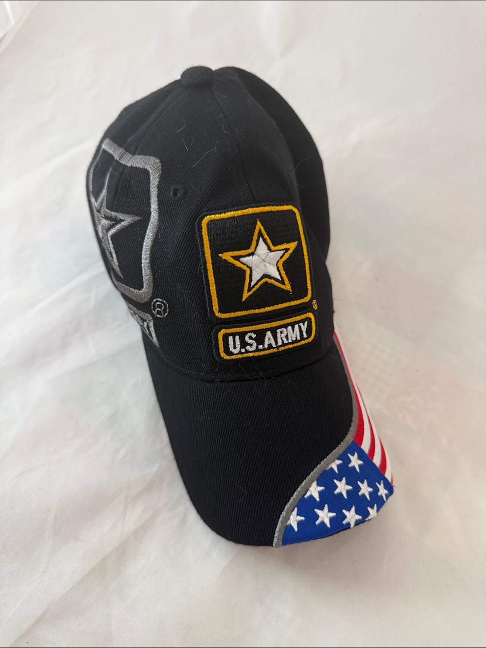 U.S. Army Black Baseball Cap with Yellow Star Patch and American Flag Brim